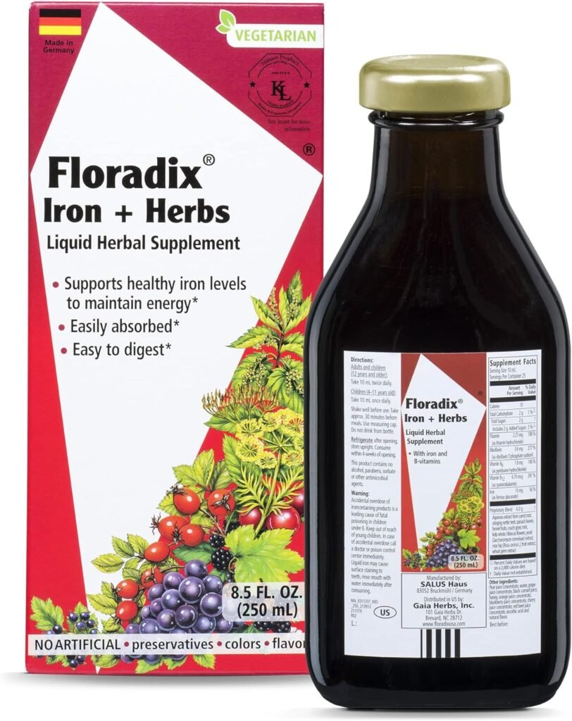 Salus Floradix, vegetarian herbal and   iron liquid supplement, energy support for women and men, easily absorbed, non-GMO & suitable for vegetarians.